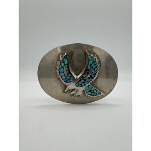 Vintage Western Belt Buckle Eagle Silver With Turquoise